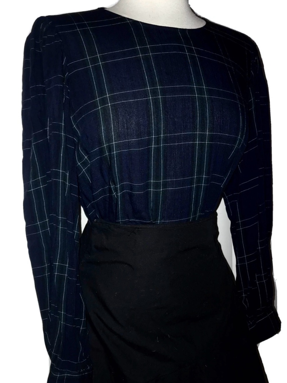NWT Zara Blue Green Check Plaid Long Big Sleeve Blouse Top - Medium
